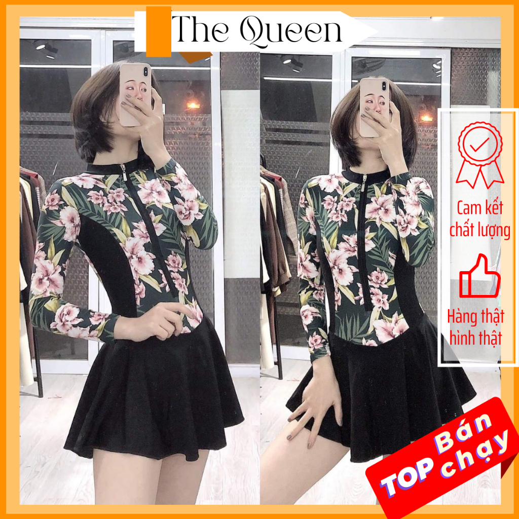 Bikini hai mảnh đồ bơi đi biển áo khóa kéo tay dài kín đáo váy xòe in họa tiết The Queen 077