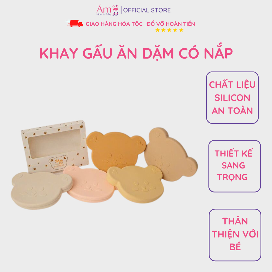 Khay Gấu Ăn Dặm Silicon Ấm Baby Cho Bé Mumbebe, Khay Ăn Dặm Chia Ngăn Cao Cấp Cho Trẻ