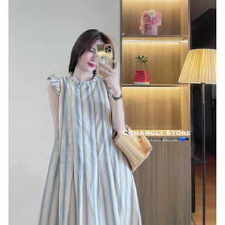 Váy suông kẻ xanh trắng bèo cổ