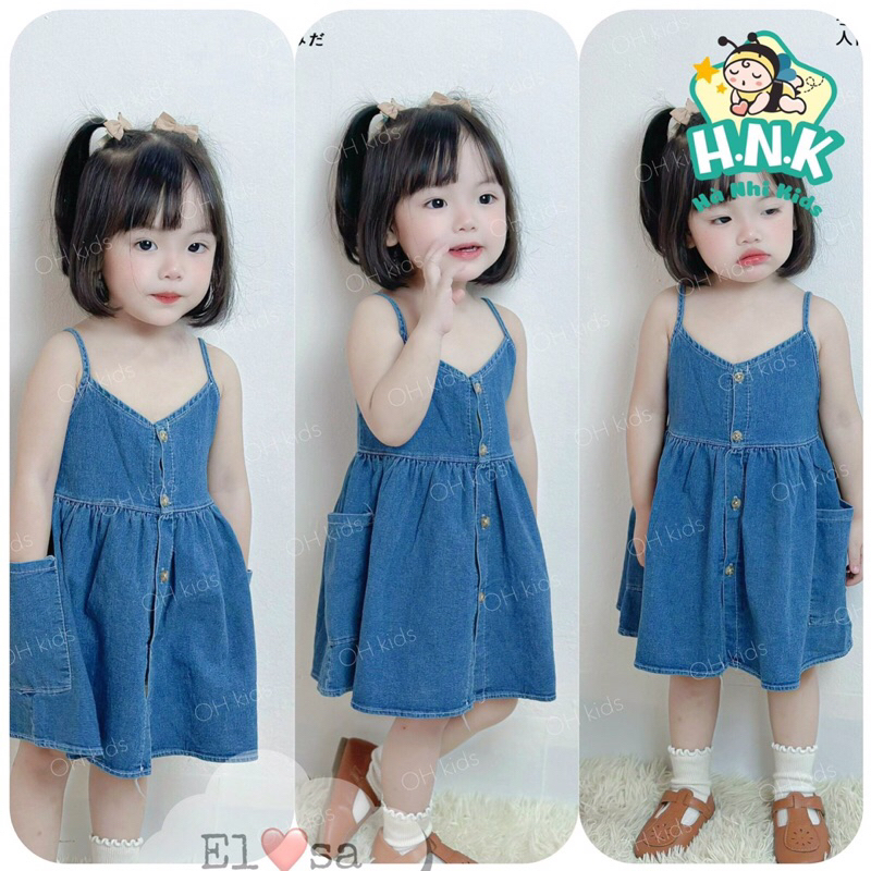 Váy jeans hai dây cho bé gái dáng suông dài form rộng phối nút cài dọc xinh xắn