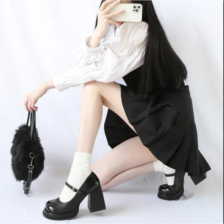 S010 Giày Mary Jane Nhật Bản 9cm mũi vuông cao gót phong cách Retro mới gót dày và đế dày