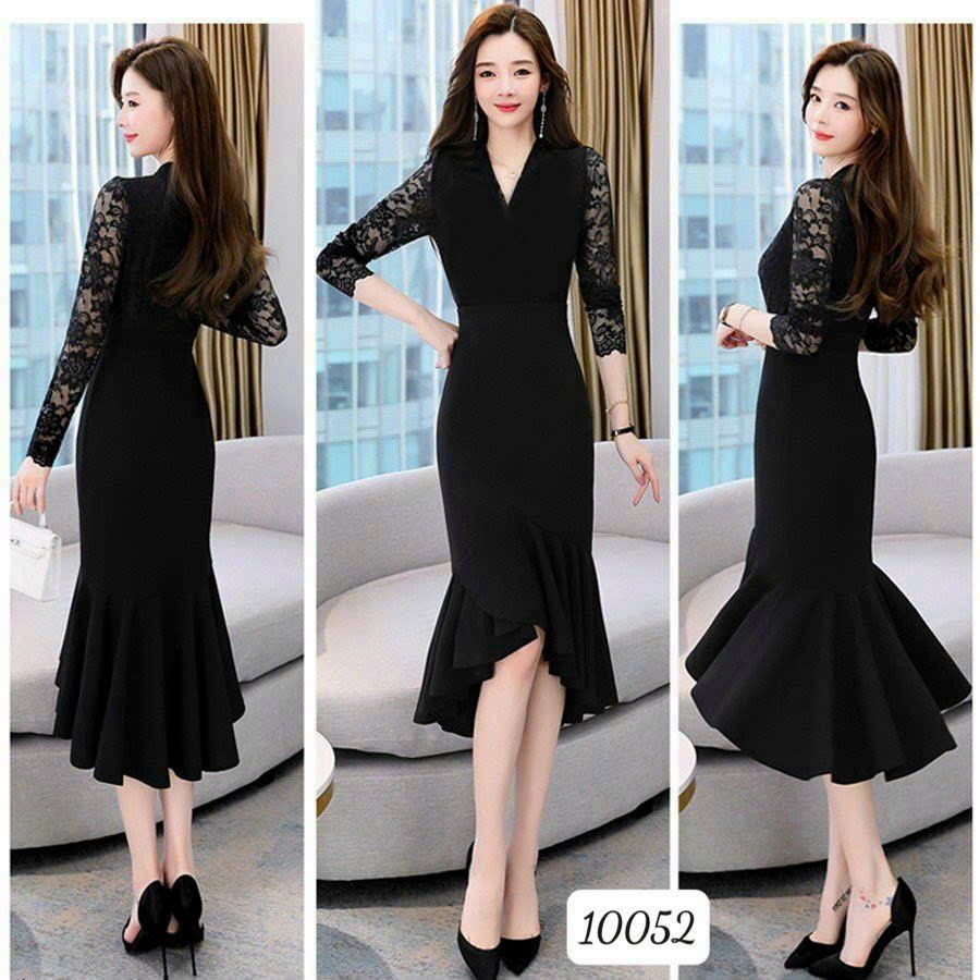 (BinhDuong) Đầm trung niên dự tiệc body đuôi cá dáng dài màu đen tay dài cổ chữ V