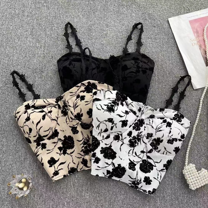 Áo 2 Dây Ren Hoa Hồng Đen Chun lưng