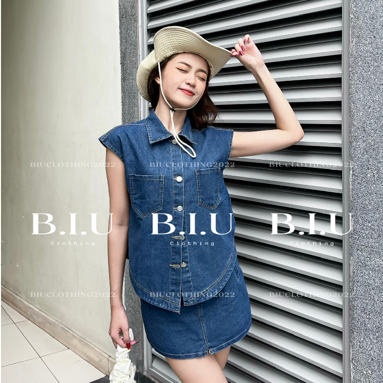 Set denim áo ghi lê chân váy ôm body ngắn năng động cực chất Secod Set BIU Clothing BB0093
