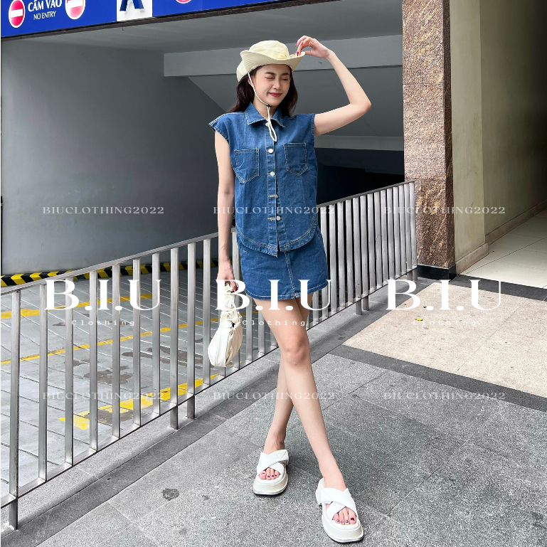 Set denim áo ghi lê chân váy ôm body ngắn năng động cực chất Secod Set BIU Clothing BB0093