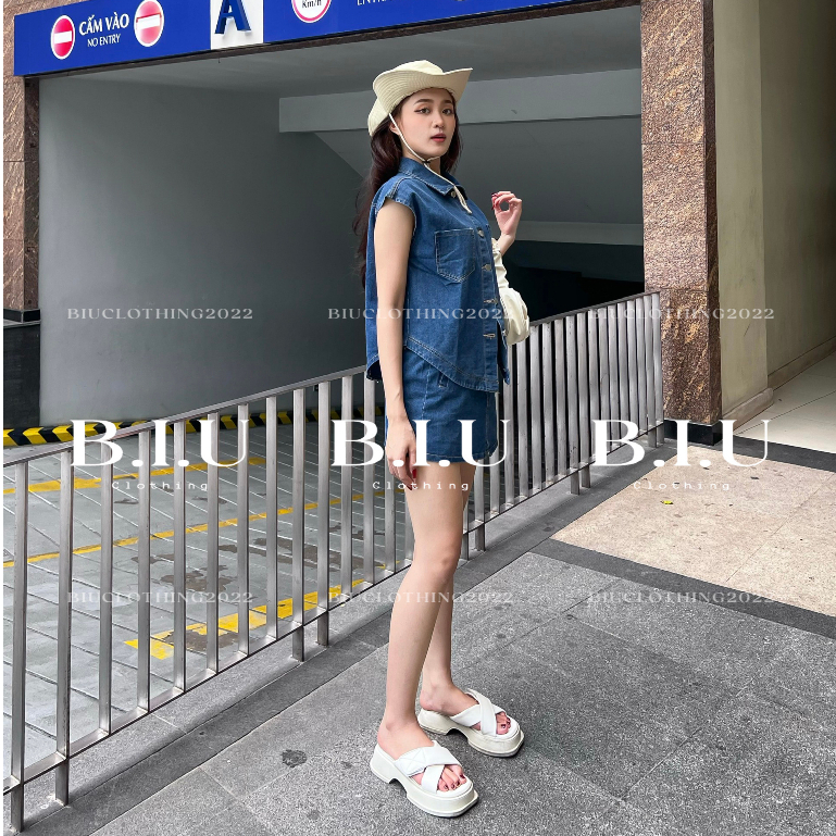 Set denim áo ghi lê chân váy ôm body ngắn năng động cực chất Secod Set BIU Clothing BB0093