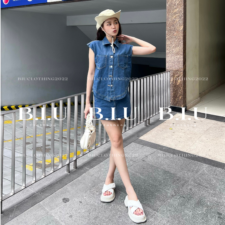 Set denim áo ghi lê chân váy ôm body ngắn năng động cực chất Secod Set BIU Clothing BB0093