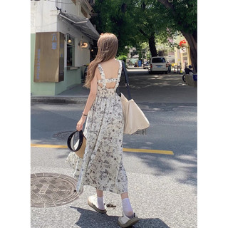 Váy hoa chạy chun dây lưng ngang dáng midi