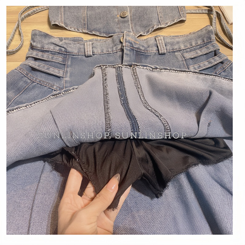 Set áo và chân váy jean xếp ly xoè cột dây eo tay phồng đính nút siêu hot phong cách Hàn Quốc