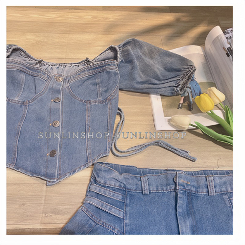 Set áo và chân váy jean xếp ly xoè cột dây eo tay phồng đính nút siêu hot phong cách Hàn Quốc