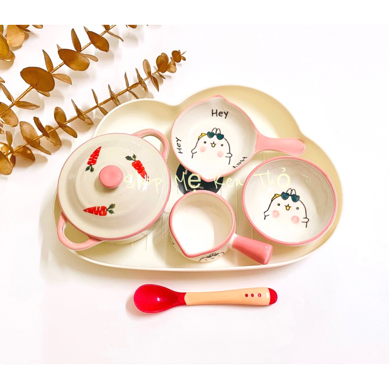 Combo bộ chén sứ bao gồm khay mây , bát sứ , thìa báo nóng silicon cho bé.