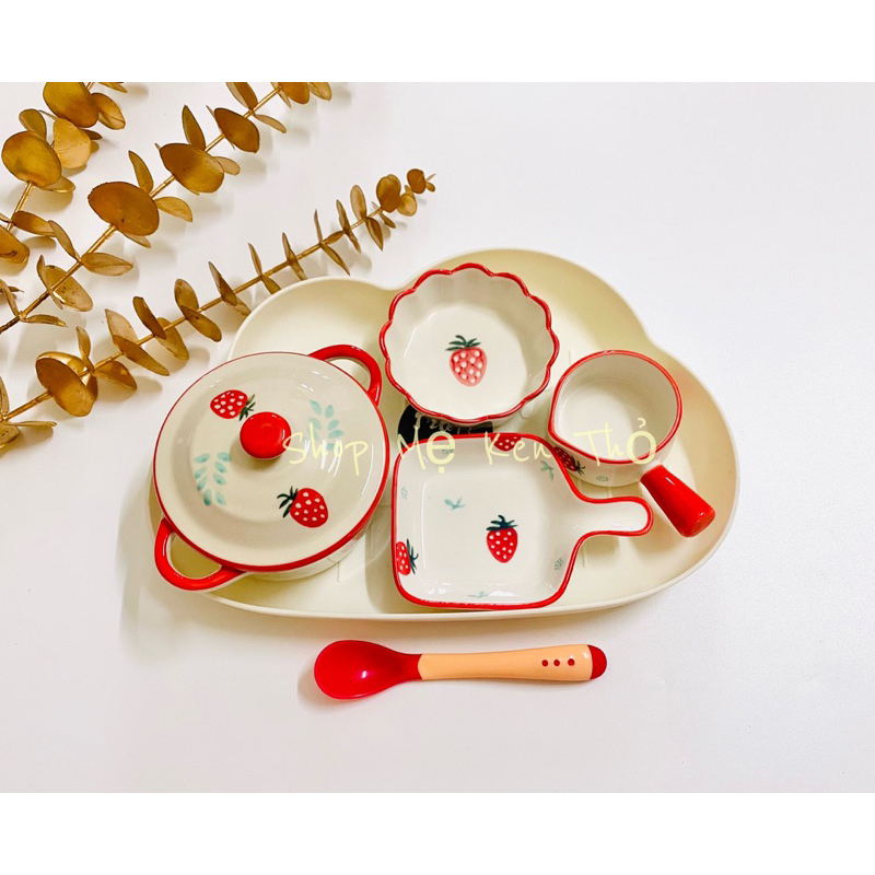 Combo bộ chén sứ bao gồm khay mây , bát sứ , thìa báo nóng silicon cho bé.