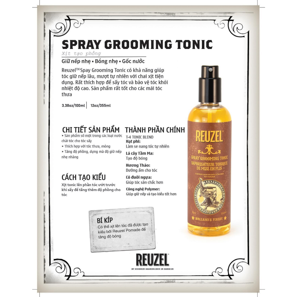 Xịt tạo phồng tóc Reuzel Spray Grooming Tonic | Prestyling bảo vệ nhiệt cho tóc