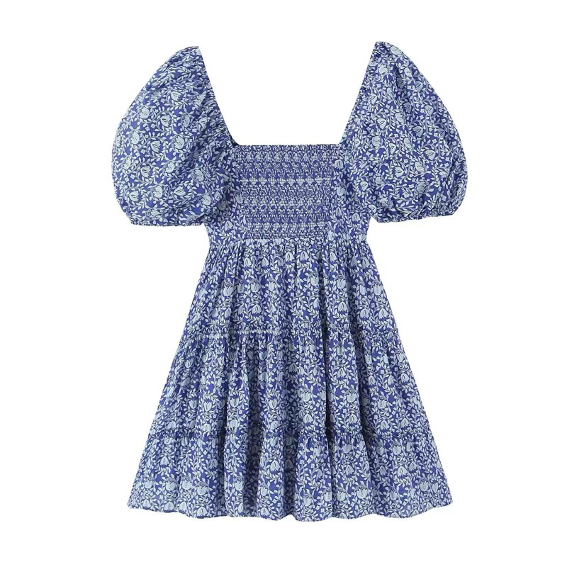 Đầm xoè hoạ tiết xanh