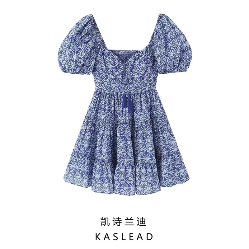 Đầm xoè hoạ tiết xanh