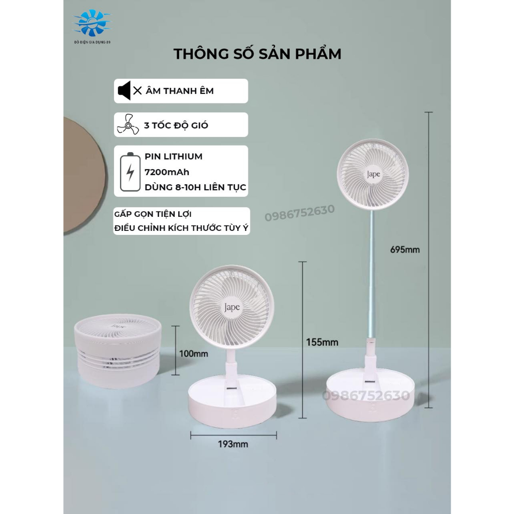 Quạt tích điện JAPE gấp gọn cao cấp - Quạt để bàn dung lượng pin lớn 7200mAh, 3 tốc độ gió cực mạnh.gấp g