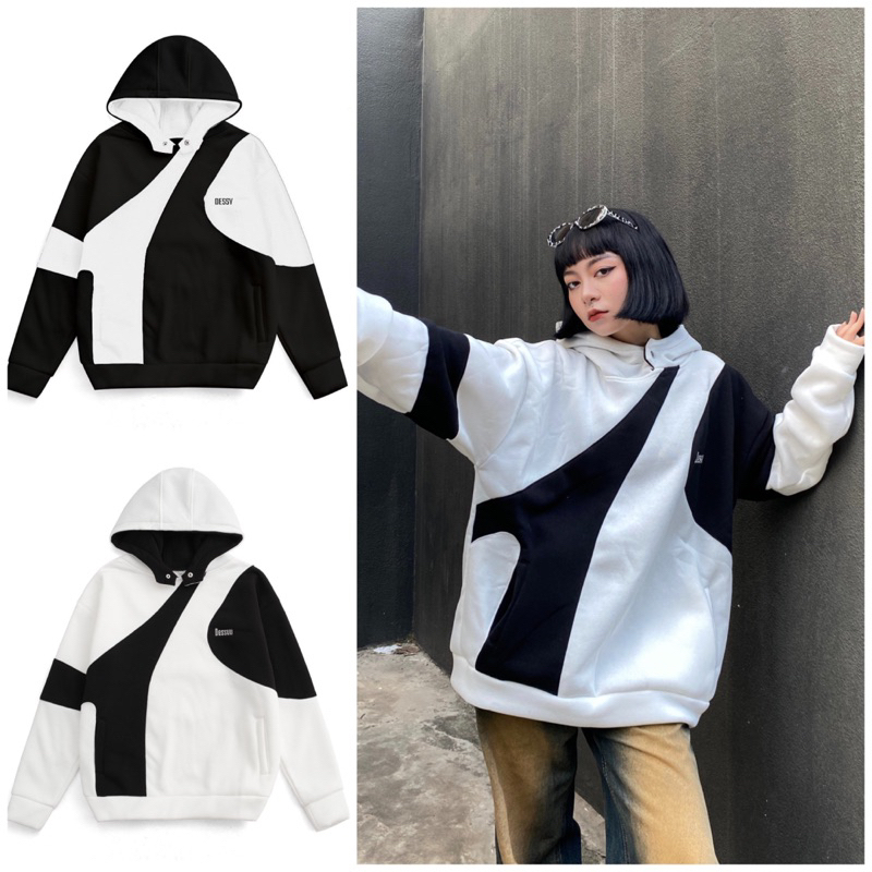 Áo khoác hoodie Bò Sữa nỉ dày dặn nút bấm phối màu form rộng unisex nam nữ