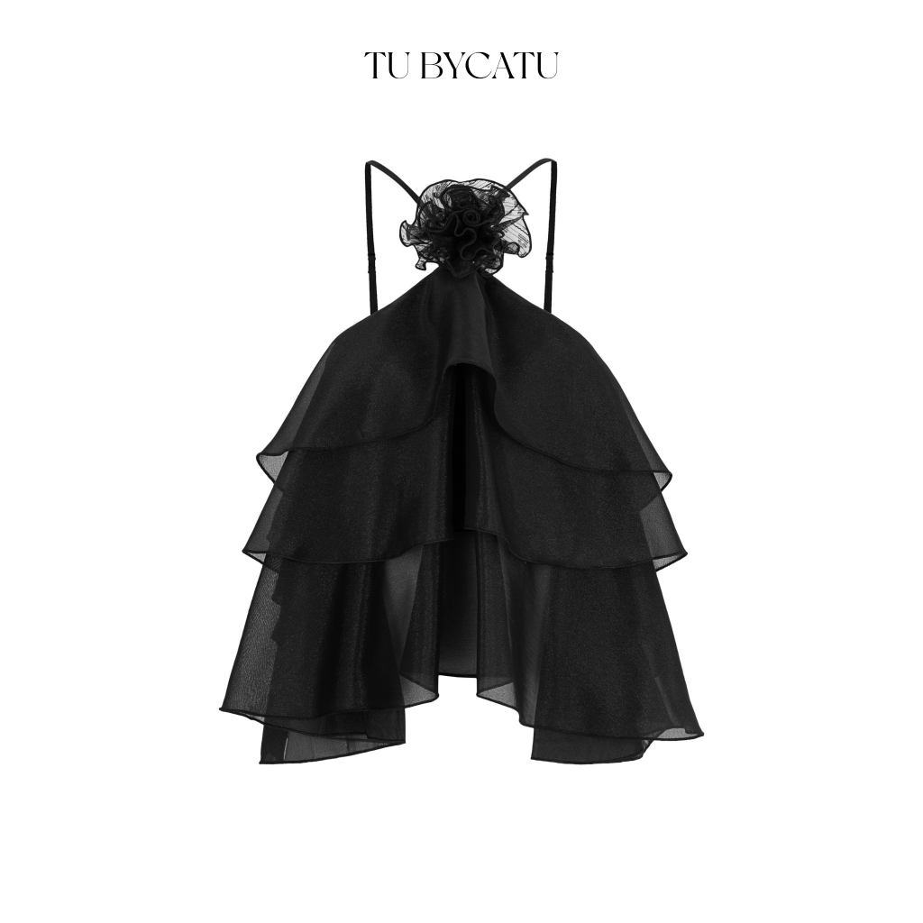 TUBYCATU | Áo tơ đen 3 tầng + bông cài