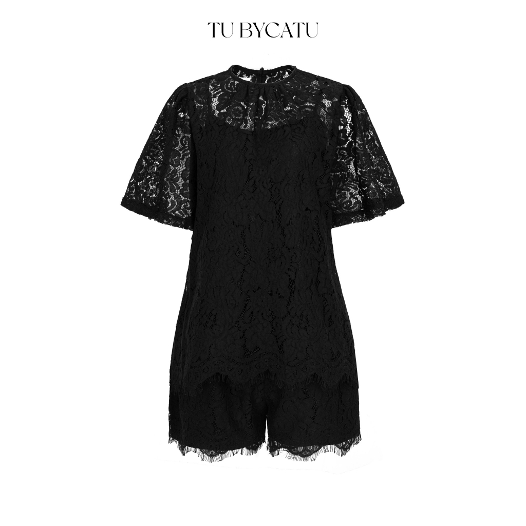 TUBYCATU | Set áo ngắn tay + quần short chất liệu ren màu đen