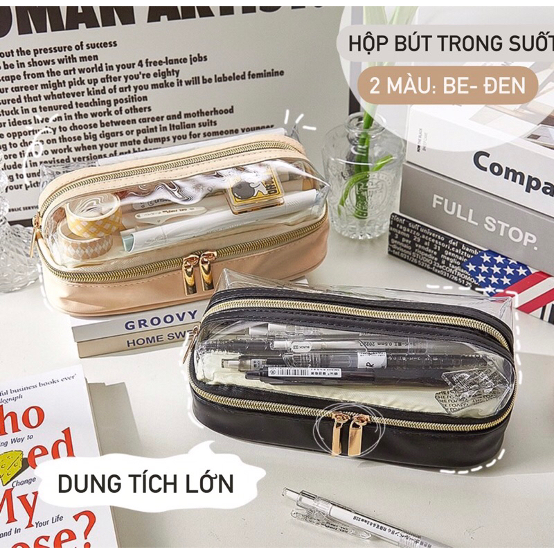 Túi đựng bút / mỹ phẩm hai tầng gam màu basic sang chảnh