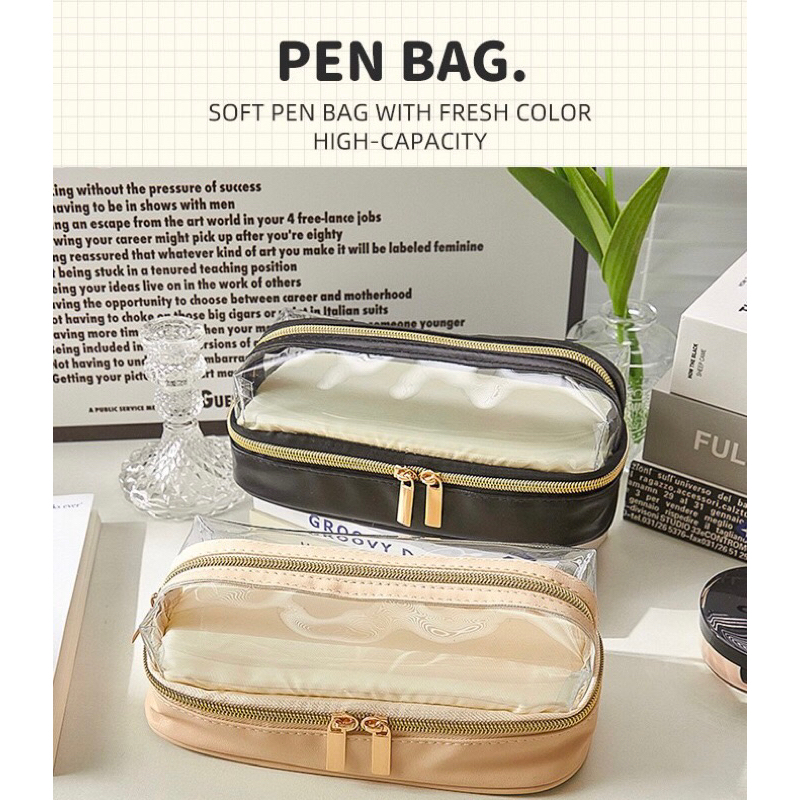Túi đựng bút / mỹ phẩm hai tầng gam màu basic sang chảnh