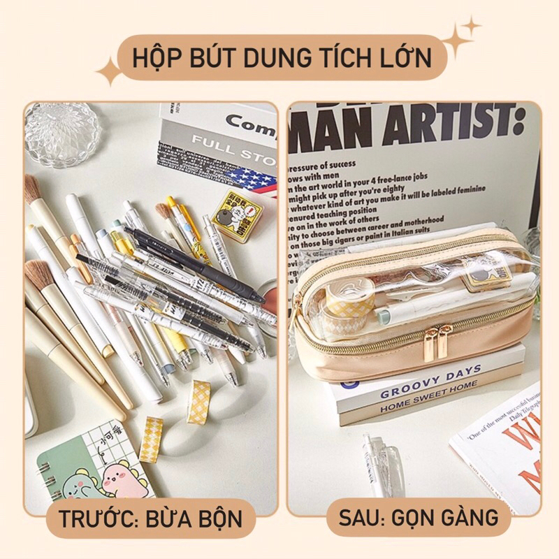 Túi đựng bút / mỹ phẩm hai tầng gam màu basic sang chảnh