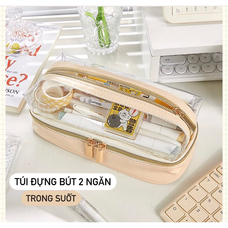 Túi đựng bút / mỹ phẩm hai tầng gam màu basic sang chảnh