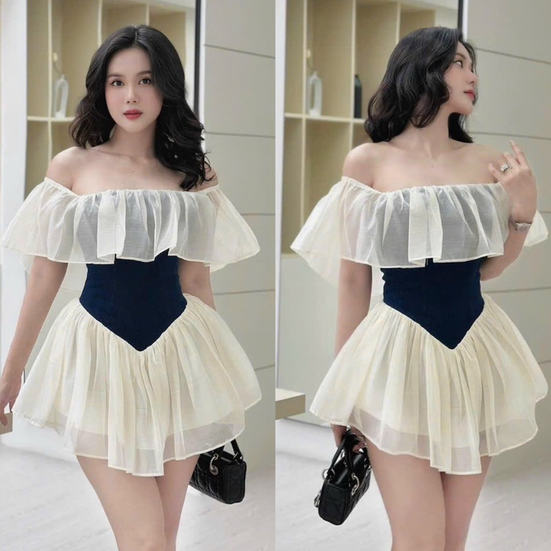 Jum Tơ Trễ Vai Tầng Phối Jeans Mềm Dáng Xoè Có Lót Quần