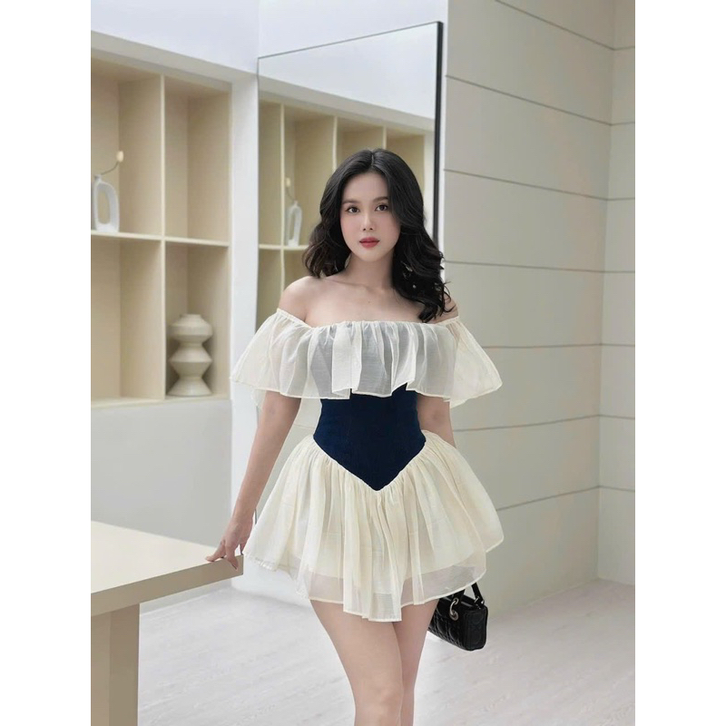 Jum Tơ Trễ Vai Tầng Phối Jeans Mềm Dáng Xoè Có Lót Quần