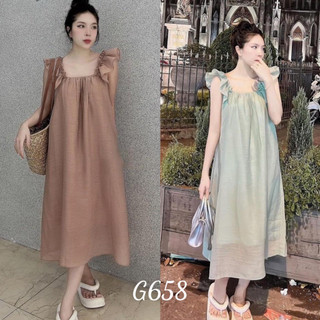 Đầm dạo phố suông lụa chéo dáng dài qua gối trơn màu tay cánh tiên G658