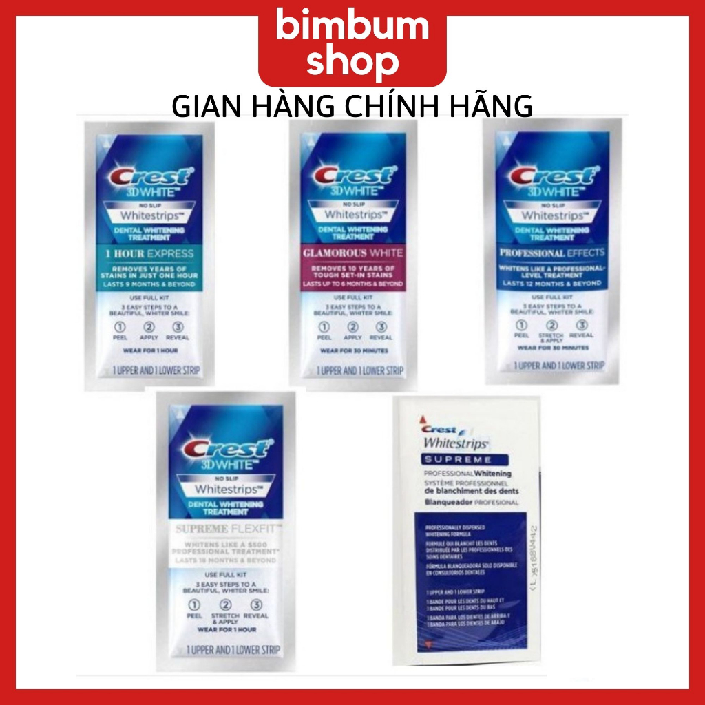 Miếng dán trắng răng Crest 3D White - Mỹ Supreme Flexfit Professional Effects Glamorous 1 hour - 1 GÓI LẺ BIMBUM