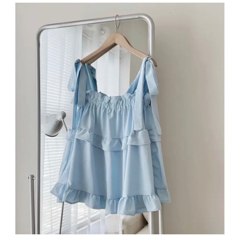 Áo babydoll buộc nơ vai thiết kế phối viền bèo 4 màu pastel nữ . Thun 2 dây kiểu dáng bánh bèo tiểu thư hotgirl