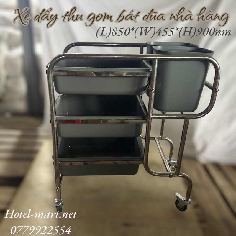 Trọn bộ xô thau Xe đẩy thu gom thức ăn thừa, Xe thu gom chén dĩa khung inox