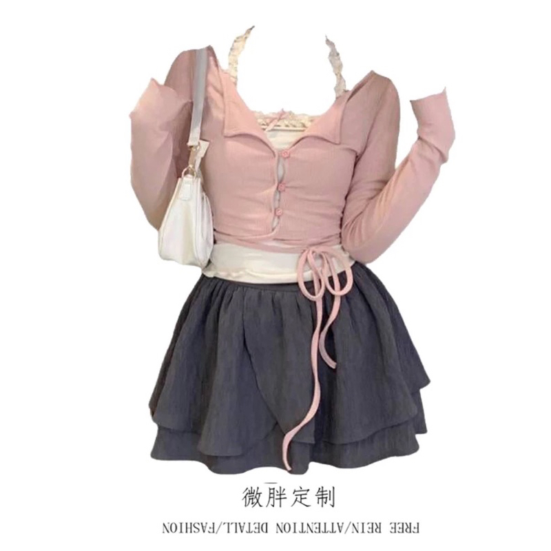 Set 3 món áo cardigan croptop hồng phấn mix chân váy dáng xoè thời trang nữ