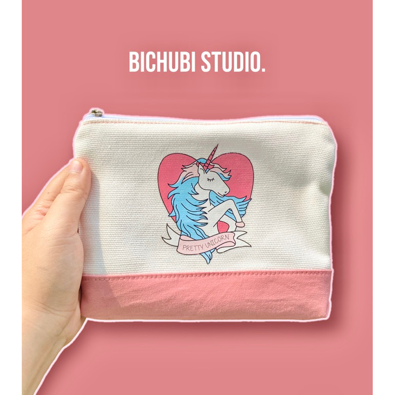 Túi đựng mỹ phẩm Túi đựng bút vải canvas handmade phối màu hồng Unicorn đáng yêu - BICHUBI STUDIO