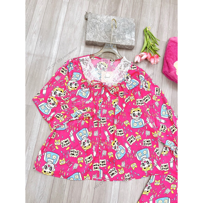 Bộ ngủ bộ mặc nhà Lụa xước lụa ngọc trai phối ren tay dài  - 2CE HAI CHỊ EM Homewear