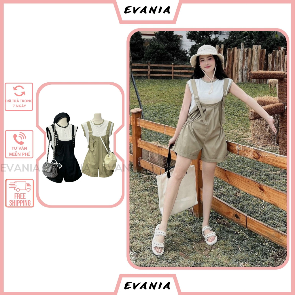 Set Váy Yếm EVANIA Set Yếm Nữ KAKI Loại 2 Dây Có Bo Chun Hai Màu Xanh Đen Mix Áo Thun Phông Trắng Mã B271