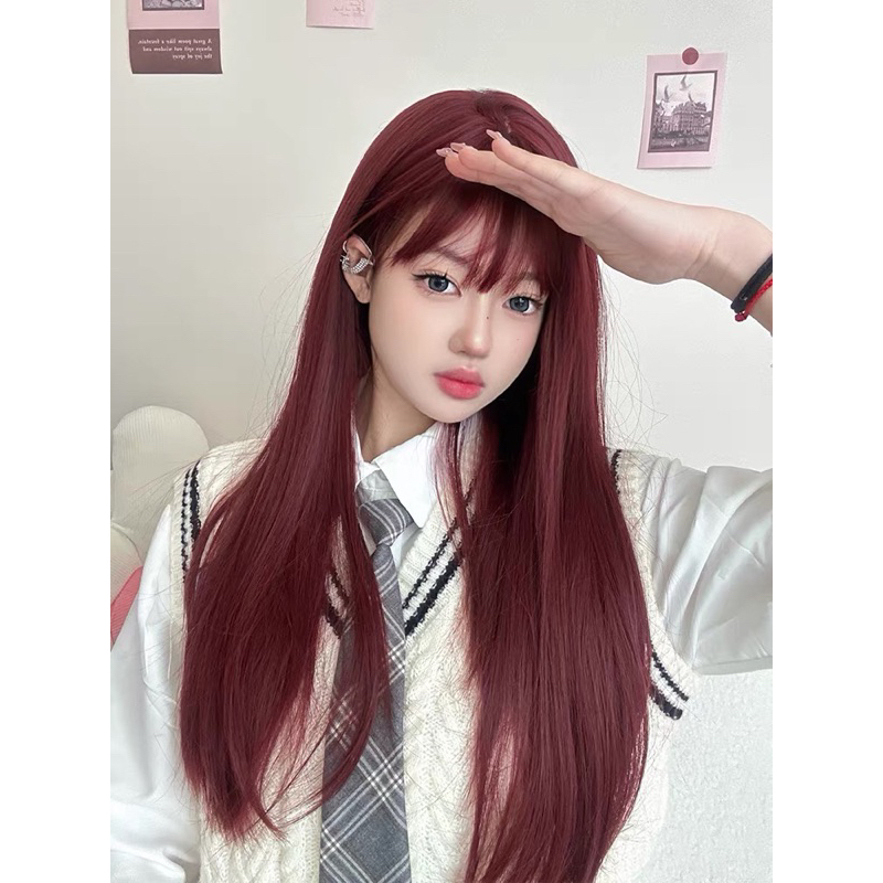 TÓC GIẢ NGUYÊN ĐẦU ĐỎ RƯỢU DÁNG THẲNG , tặng kèm lưới, tơ siêu sợi mượt như tóc thật
