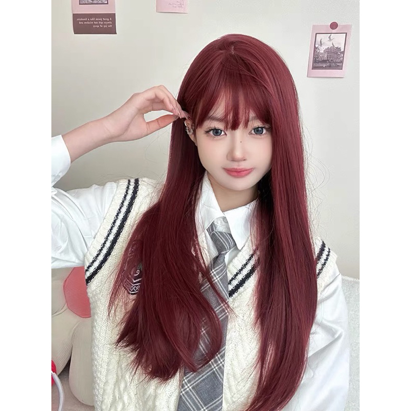 TÓC GIẢ NGUYÊN ĐẦU ĐỎ RƯỢU DÁNG THẲNG , tặng kèm lưới, tơ siêu sợi mượt như tóc thật