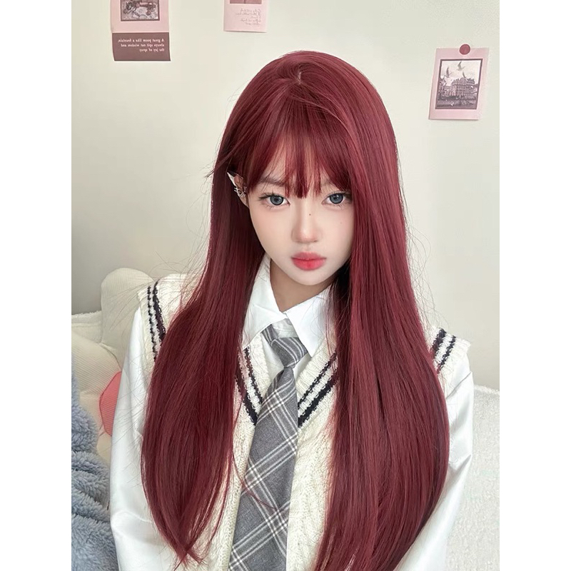 TÓC GIẢ NGUYÊN ĐẦU ĐỎ RƯỢU DÁNG THẲNG , tặng kèm lưới, tơ siêu sợi mượt như tóc thật