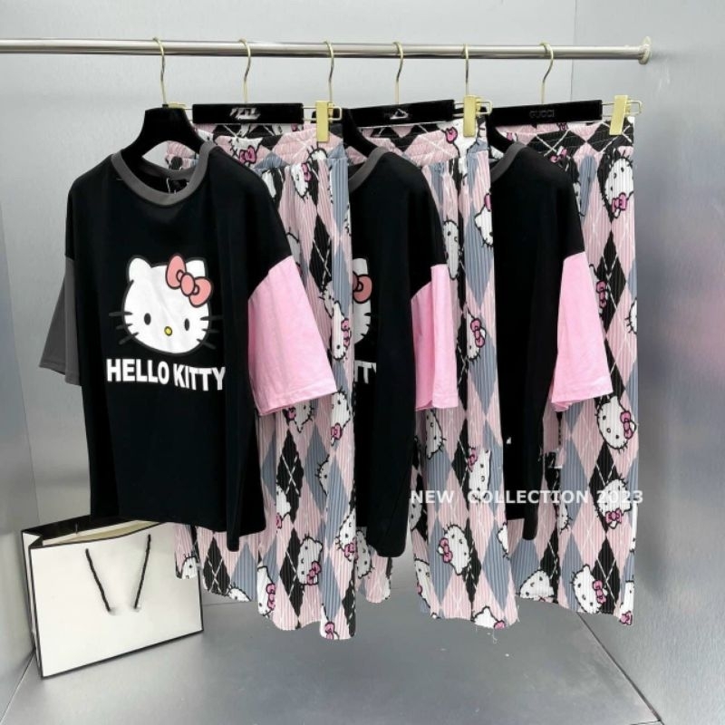 Sét áo phông mèo kitty form rộng+ quần suông caro ,Bộ đồ nữ mặc nhà, áo thun tay lỡ + quần ống xuông rộng phong cách Hàn
