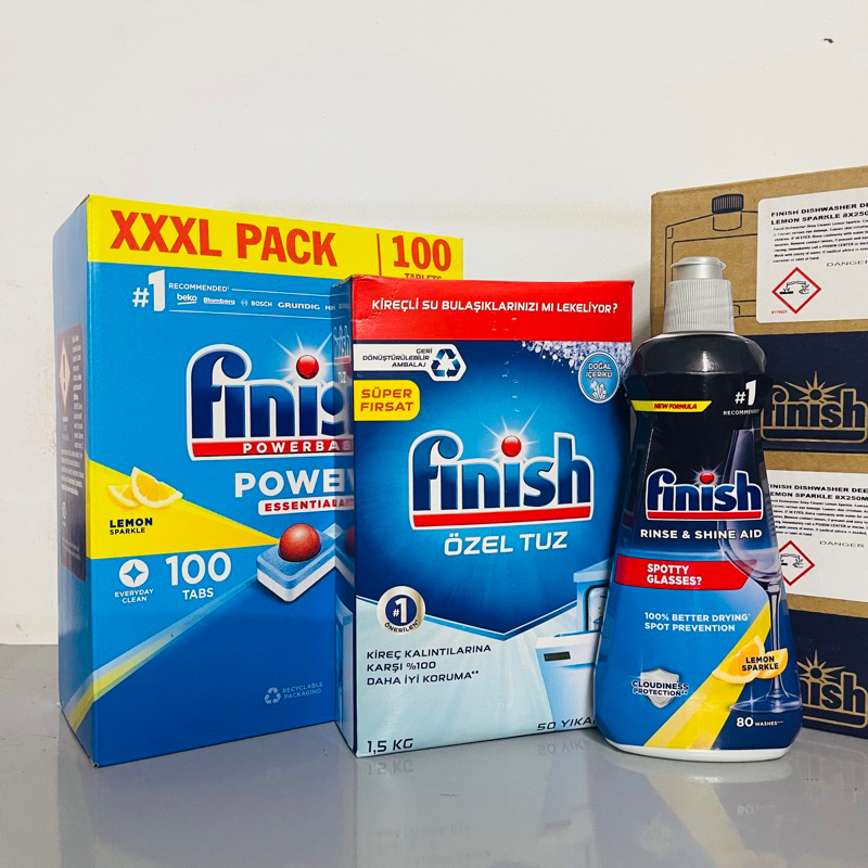 Combo Viên rửa chén bát Finish All in one 100 viên + Muối Finish 1.5kg + Bóng 400ml Hương Chanh