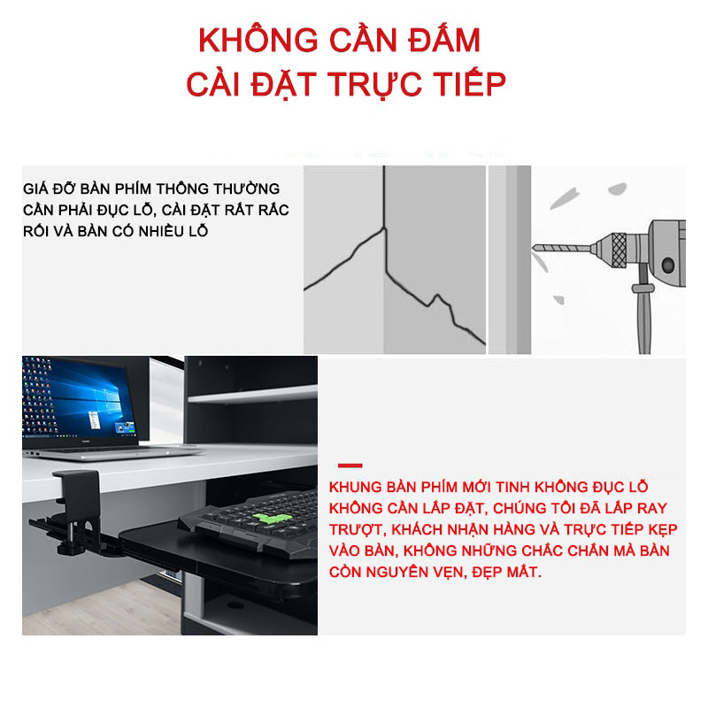 Khay bàn phím Không cần khoan lỗ trên mặt bàn có ray trượt, giá đỡ bàn phím