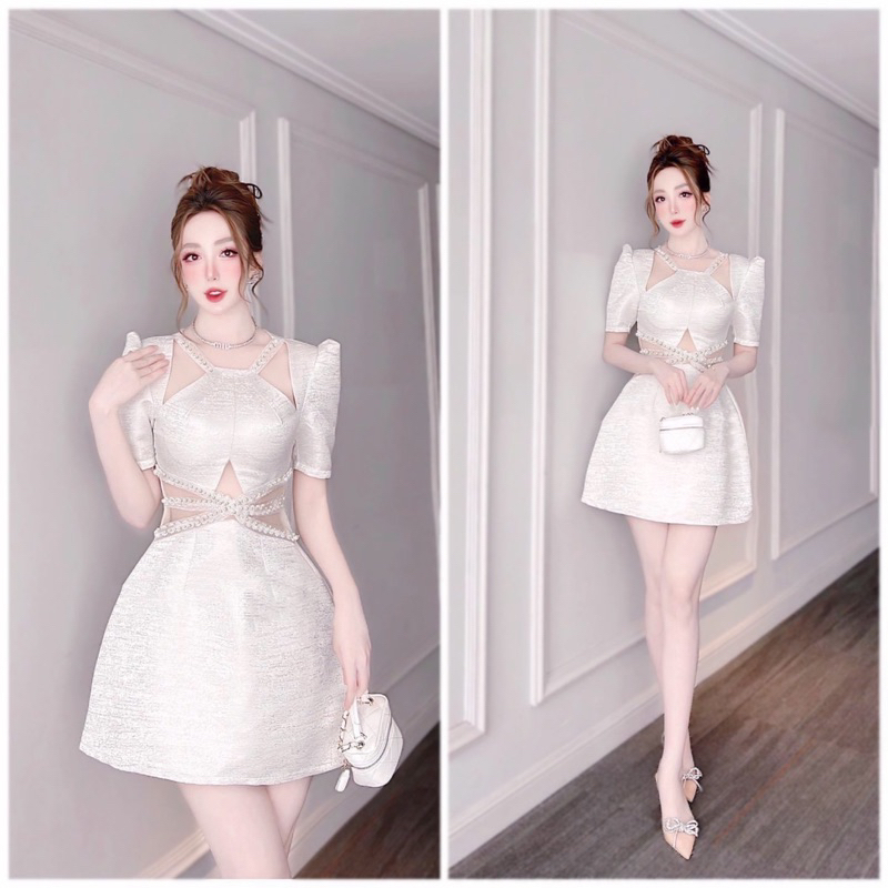Váy Thiết Kế Tay Phồng Khoét Eo Vai Kết Nút Dự Tiệc Chất Gấm Nhũ V389 Size S M AĐ BOUTIQUE