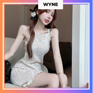 Đầm body dệt kim Wyne ngắn ôm dáng. Đầm cổ yếm khoét lỗ phong cách hè 2023