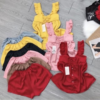 sét bộ đùi lụa cổ vuông tay cánh tiên.