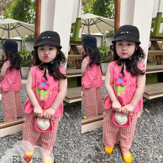Quần áo bé gái- Set bộ đồ bé gái đính hoa xốp Mix quần caro dáng  rộng xinh xắn cho bé yêu