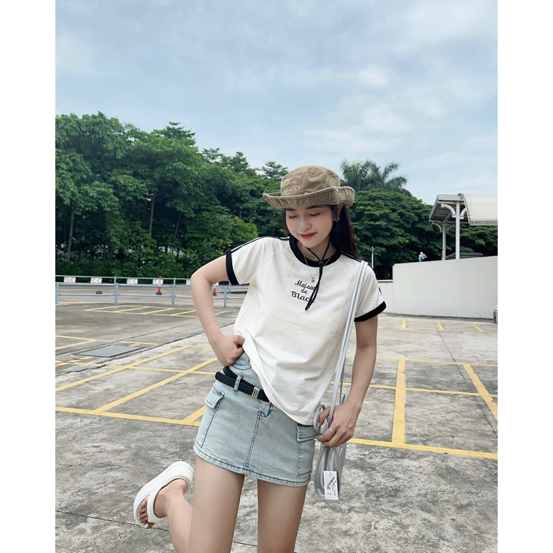 [Ảnh thật/Video]Áo thun babytee thêu chữ Maisan de BLack phối viền chạy sọc