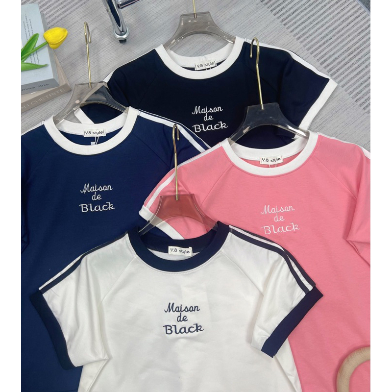 [Ảnh thật/Video]Áo thun babytee thêu chữ Maisan de BLack phối viền chạy sọc
