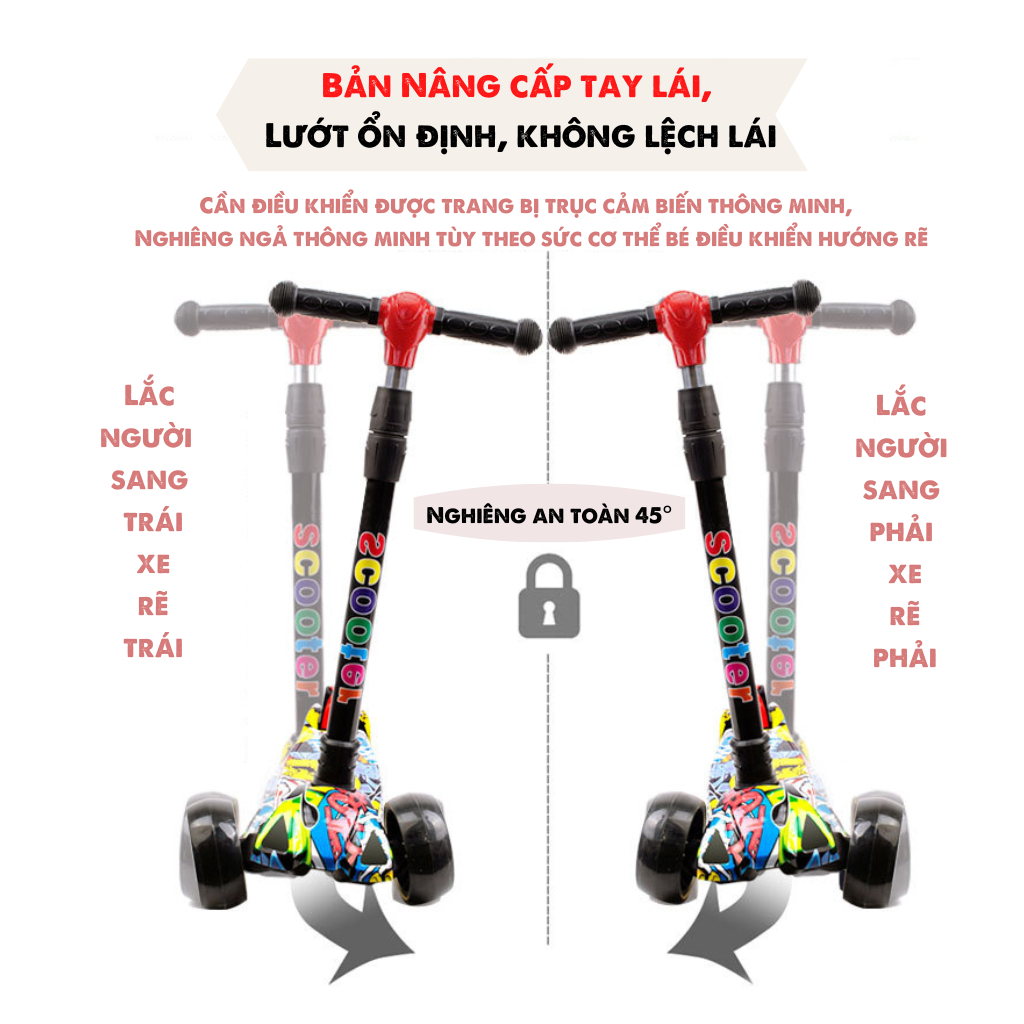 Xe trượt scooter chòi chân cho bé 2-14 tuổi, mẫu graffiti nổi bật có nhạc đèn, bánh xe 5cm phát sáng vĩnh cửu